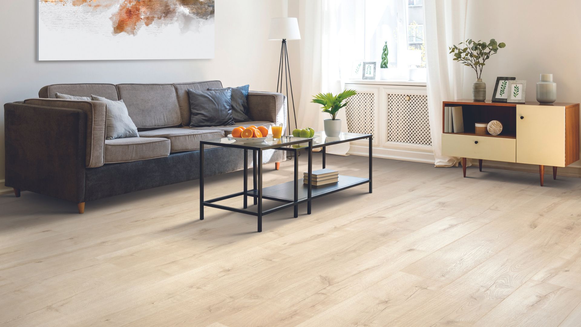 wood look laminate flooring in a bright living room